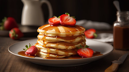 Stack of homemade pancakes with fresh strawberries and maple syrup on wooden backgroundの素材