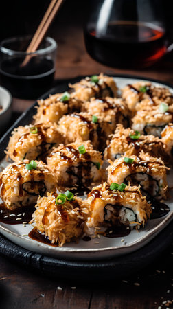 Sushi rolls on a plate and chopsticks on a dark wooden backgroundの素材