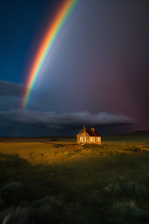 Rainbow over a house in the prairie. Dramatic sky.の素材