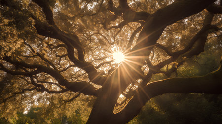 Sunlight through the branches of an oak tree in the forest.の素材