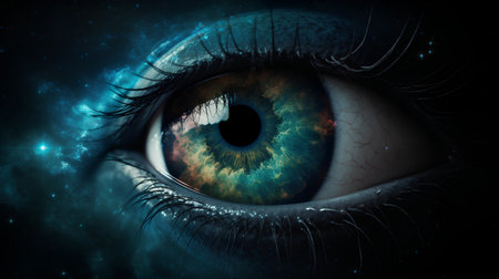 Eye in space with stars and nebula. 3D illustration.の素材