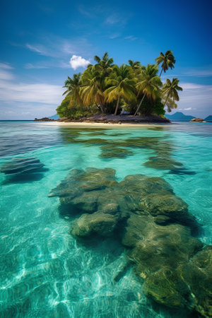 Tropical island with palm trees and turquoise water at Seychellesの素材