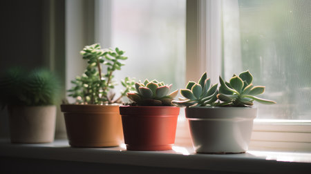 Small succulent plants in pots on the windowsill in the morningの素材