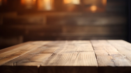 Empty wooden table and blurred background of cafe or restaurant. For product displayの素材