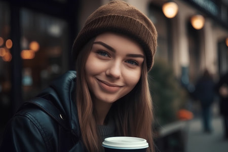 Portrait of a beautiful young woman with a cup of coffee in the cityの素材
