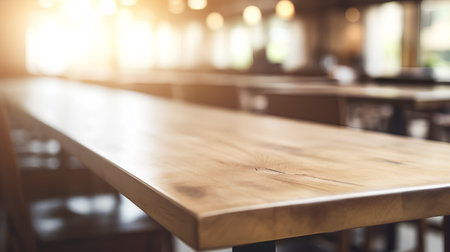 Empty wooden table and Coffee shop blur background with bokeh image.の素材