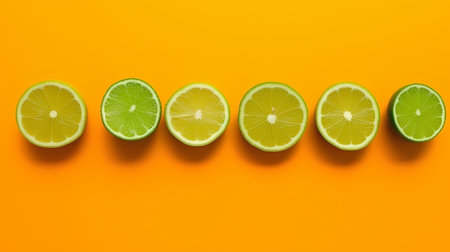 Slices of lime isolated on orange background. Flat lay, top viewの素材