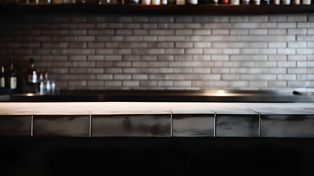 Empty top of natural stone table in front of blurred bar background. For product displayの素材