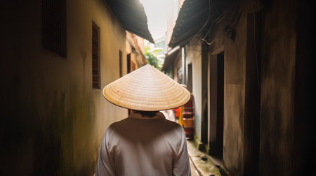 Asian woman wearing a straw hat walking in the old town of Hoi An, Vietnamの素材