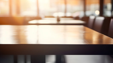 Empty wooden table and Coffee shop blur background with bokeh image.の素材