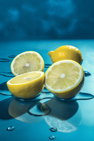 Lemons and water drops on blue background. Toned.の素材