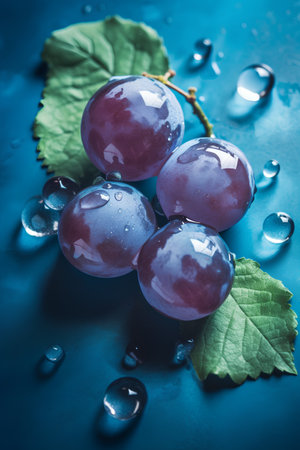 Grapes with water drops on a blue background. Toned.の素材