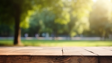 Wooden table in front of blurred green park background. Ready for product display montageの素材