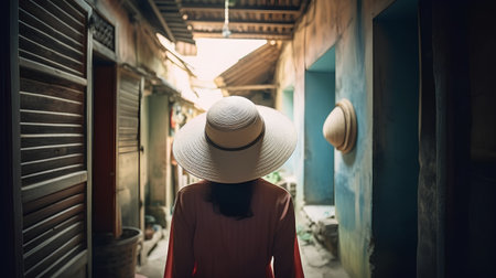 Woman with hat in the old town of Hoi An, Vietnamの素材