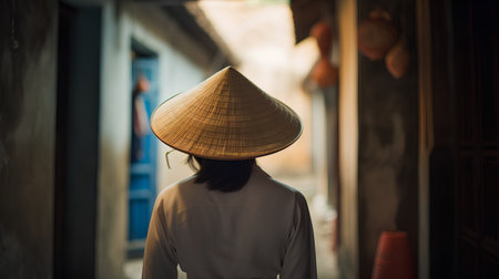 Asian woman wearing conical hat in old town of Hoi An, Vietnamの素材