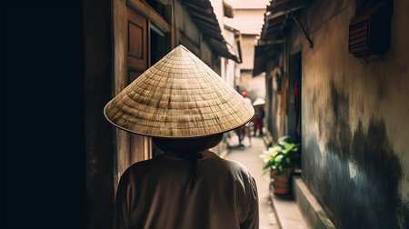 Asian woman wearing traditional Vietnamese hat in the street of Hoi An, Vietnamの素材