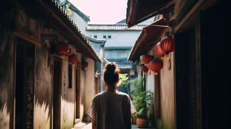 Beautiful young woman walking in the old town of Suzhou.の素材