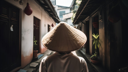 Asian woman wearing traditional Vietnamese hat in the old town of Hoi An, Vietnamの素材
