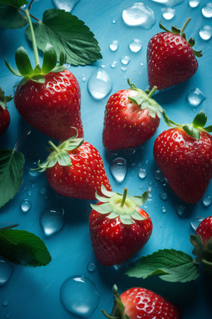 Strawberries on a blue background with water droplets. Fresh strawberries.の素材