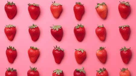 Strawberry pattern on pink background. Flat lay, top viewの素材