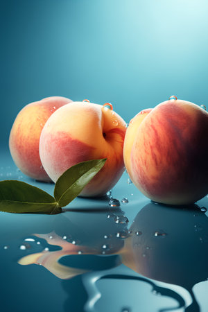 Fresh ripe peaches with water drops on blue background, closeupの素材