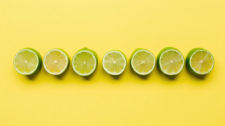 Slices of lime on yellow background. Flat lay, top viewの素材