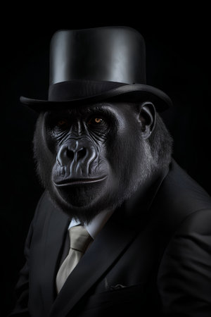 Gorilla in a suit and a top hat on a black backgroundの素材