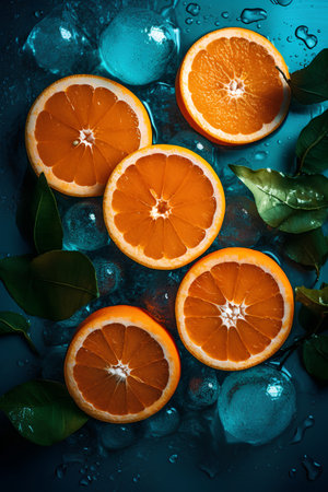 Fresh orange fruit slices with green leaves and water drops on blue backgroundの素材