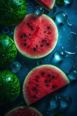 Watermelon with water drops on a blue background. Toned.の素材