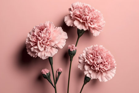 Beautiful pink carnation flowers on pink background. Flat lay, top viewの素材