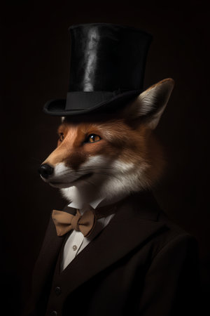 Portrait of a fox in a top hat on a dark backgroundの素材
