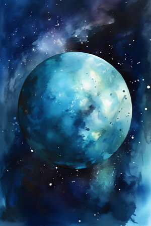 Watercolor cosmic background with planet and stars. Hand drawn illustration.の素材
