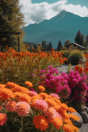 Colorful flowers in the garden with mountains in the background, Italyの素材