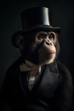 Monkey in a top hat and bow tie. Black background.の素材