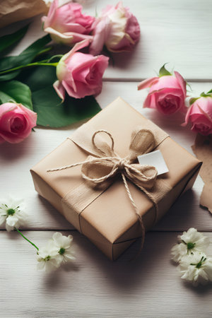 Gift box and flowers on white wooden background, selective focus.の素材