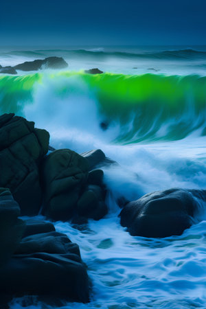 Long exposure shot of the waves crashing on the rocks at sunset.の素材