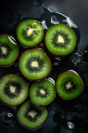 Sliced kiwi fruit on a black background. Top view.の素材