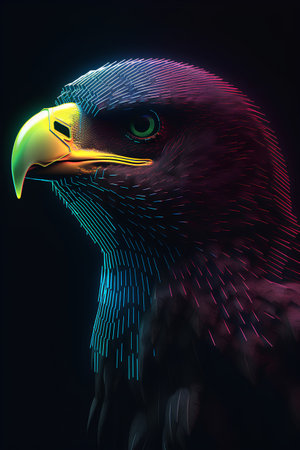 Eagle head with colorful lines on dark background. 3d renderingの素材