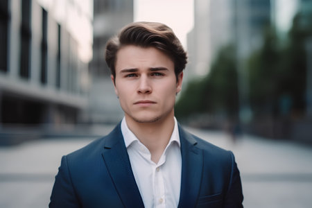Portrait of a handsome young man in a business suit on the streetの素材