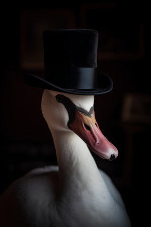 White swan in a top hat on a dark background close upの素材