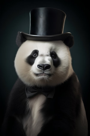 Panda in a top hat and bow tie on a dark backgroundの素材