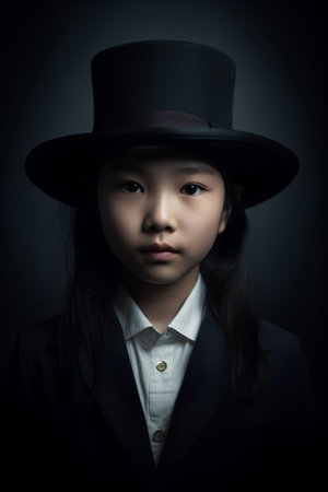 Little asian girl in black suit and hat on dark background.の素材
