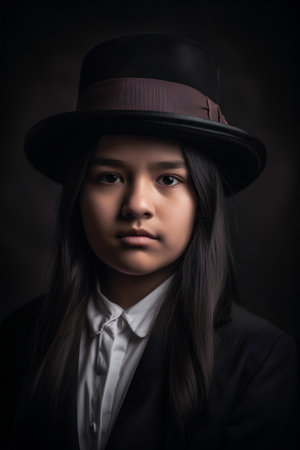 Portrait of a beautiful Asian girl in a suit and hat.の素材