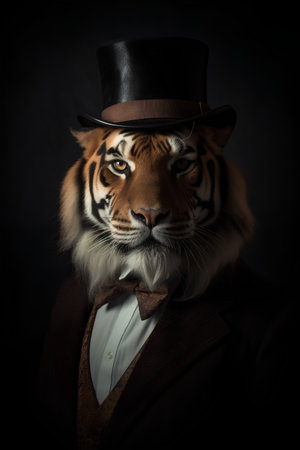 Portrait of a tiger in a top hat on a dark backgroundの素材