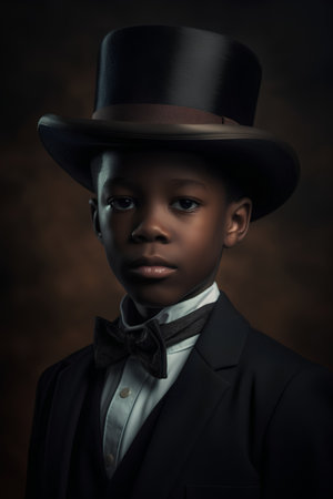 Portrait of a little boy in a black suit and top hatの素材