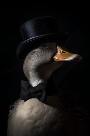Portrait of a duck in a top hat on a black backgroundの素材
