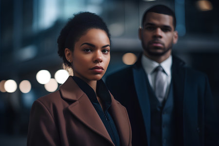 Portrait of a serious young African American businesswoman looking at camera while standing with her colleague in the cityの素材