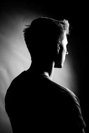 Portrait of a young man on a dark background. Monochromeの素材