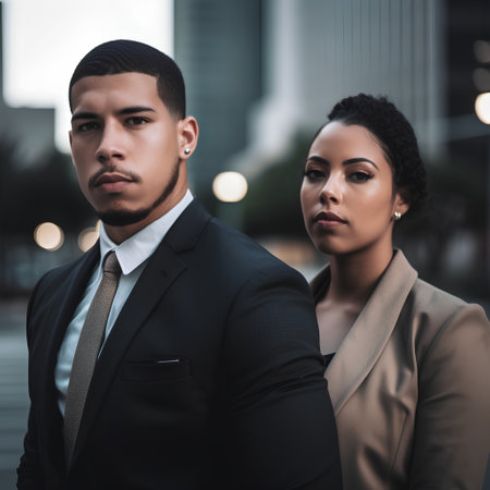 Portrait of a serious African American businesswoman and a Caucasian businessman standing outdoors.の素材