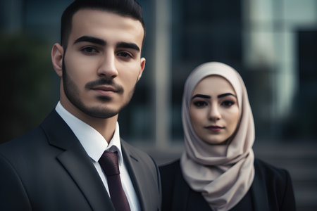 Portrait of a serious arabian business man and woman standing outdoorsの素材